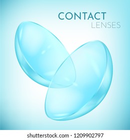 Close view on pair of eye contact lenses, clear and close up, realistic medical equipment to correct poor vision, with text, vector illustration
