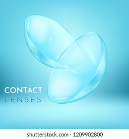 Close view on pair of eye contact lenses, clear and close up, realistic medical equipment to correct poor vision, with text, vector illustration