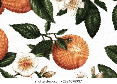 Close up view of orange fruit with green leaves and white flowers featuring textured halftone dot work on clean white background for kitchen decor.