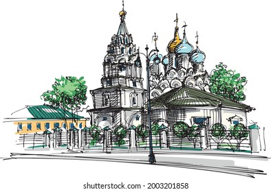 A close view of Orthodox church built in old-Russian style - hand drawn sketch