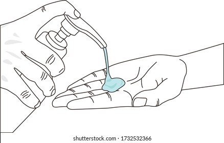 Close up view of person using small portable antibacterial hand sanitizer on hands.