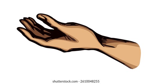 Close up view poor body palm want plead holy Lord Jesus Christ faith point show bless mercie care concept logo. Closeup line black line drawn old offer bribe hold retro bible faith art cartoon style