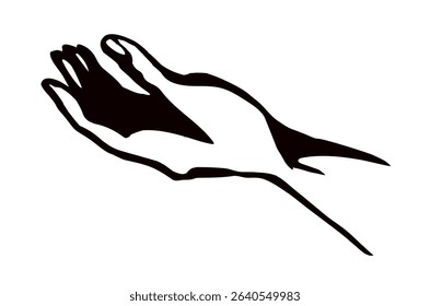 Close up view poor body palm want plead holy Lord Jesus Christ faith point show bless mercie care concept logo. Closeup line black line drawn old offer bribe hold retro bible faith art cartoon style