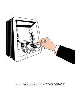 A close up view of a professional businessman hand inserting a debit or credit card into an automated teller machine to perform a bank transaction, financial service, cash withdrawal or deposit.