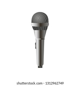 Close up view of radio microphone in realistic style with round black head and chrome grid.