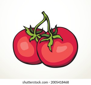 Close up view raw big ripe fresh juicy yummy pink solanum berry cluster. Vine stem twig light text space backdrop. Bright color hand drawn small diet emblem retro art doodle contour line print style