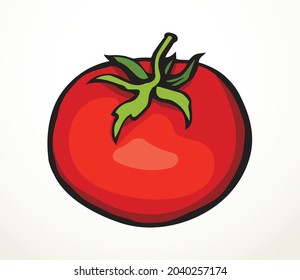 Close up view raw big ripe fresh juicy yummy pink solanum berry cluster. Vine stem twig light text space backdrop. Bright color hand drawn small diet emblem retro art doodle contour line print style