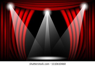 Close view of a red velvet curtain. Theater background Vector illustration, Teathre stage with spotlights