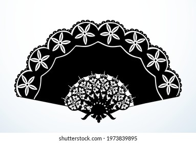 Close up view romantic old dark color rich stylized lacy plastic stylish geisha object. Outline black ink drawn emblem design fancy art engrave etch print style light white paper text space backdrop