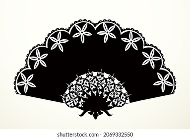 Close up view romantic old dark color rich stylized lacy plastic stylish geisha object. Outline black ink drawn emblem design fancy art engrave etch print style light white paper text space backdrop