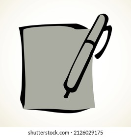 Close up view simple finance deal treaty folio register web outline white plan concept. Freehand linear black ink hand drawn closeup pact task pad record emblem design art retro doodle contour style