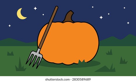 Close up view of single ripe pumpkin. agricultural tool leaning on vegetable. night garden scene. flat art