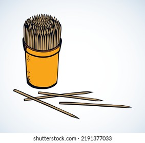 Close up view single thin long brush rod set on light backdrop. Bright yellow color hand drawn eco healthcare bundle box logo design emblem makeup item retro art doodle comic style paper text space