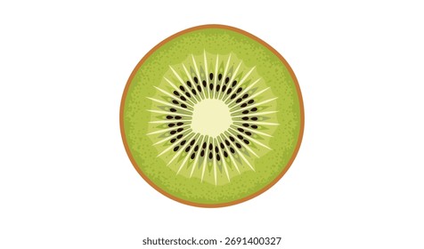 A close up view of a sliced kiwi fruit showing its seeds and pulp.