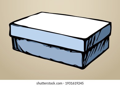 Close up view small food kraft cube post freight crate board cover lid white label text space. Outline black hand drawn big business tray packet logo frame design retro art doodle cartoon card style