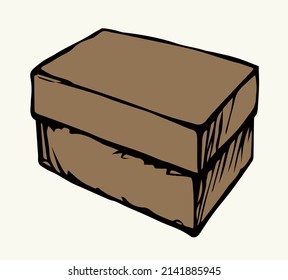 Close up view small food kraft cube post freight crate board cover lid white label text space. Outline black hand drawn big business tray packet logo frame design retro art doodle cartoon card style
