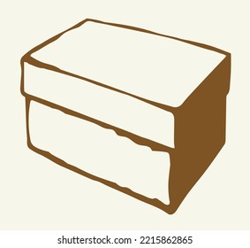 Close up view small food kraft cube post freight crate board cover lid white label text space. Outline black hand drawn big business tray packet logo frame design retro art doodle cartoon card style