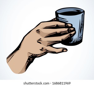 Close up view tasty aroma heat old teacup goblet object on light text space backdrop. Freehand outline black ink pen drawn young human palm finger eat emblem pictogram design in retro art doodle style