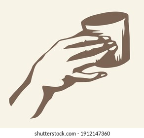 Close up view tasty male aroma heat old teacup goblet object light text space backdrop. Outline dark black ink pen drawn young human man palm finger eat emblem pictogram design retro art doodle style