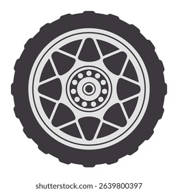 Close up view of a tire featuring a rim with eight triangular spokes and visible bolts securing the hub, isolated on a white background, ideal for automotive or transportation related projects