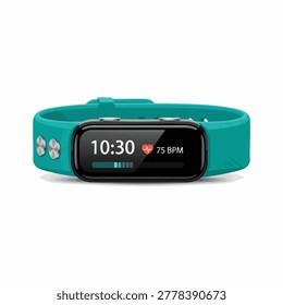 A close up view of a turquoise colored wearable fitness tracker watch showing time and heart rate