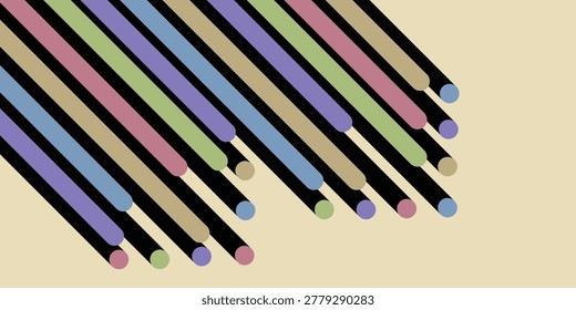 Close up view of vibrant colored pencils aligned in diagonal rows