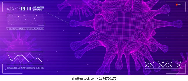 Close up view of virus cells research. HUD screen. UI of microscope. View of bacteria under microscope. Vector banner for websites header. Pandemia of dangerous corona virus Covid 19