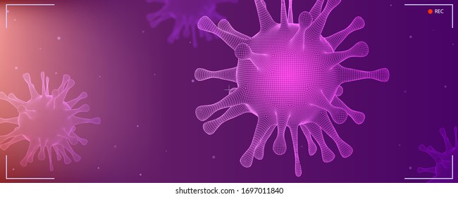 Close up view of virus cells research. HUD screen. UI of record. View of 3d bacteria under microscope. Pandemia of dangerous corona virus Covid 19. Vector banner for websites header