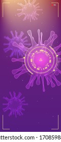 Close up view of virus cells research. HUD screen. Coronavirus 2019-nCoV dangerous RNA virus. View of bacteria under microscope. Vertical banner, smartphone X size. Pandemia of virus Covid 19-NCP.