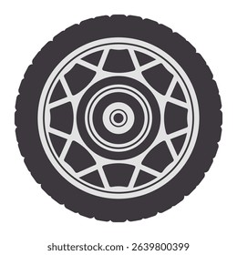 Close up view of a wheel with tire, showcasing the hubcap and intricate tread pattern, ideal for automotive and transportation related projects