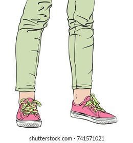 Close up view of woman's legs wearing fashion pink sneakers with green shoelaces and tight pants, Vector illustration isolated on white background