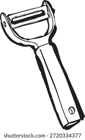 A close view of a Y shaped vegetable peeler with a metal blade and ergonomic handle.
