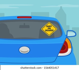 Close up view of a yellow Baby on Board sticker on the car back window. Flat vector illustration.