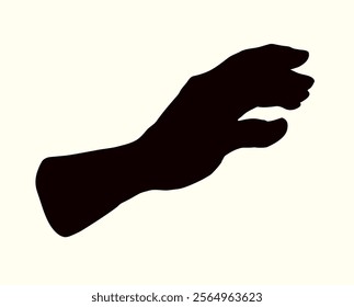 Close up view young adult lady open body palm wrist ask beg God push index care assist text space. Outline black ink line drawn grab offer stop idea logo emblem concept vintage retro art doodle style