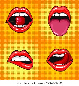 Close up view of young pretty woman lips portrait biting a cherry. Open mouth with white teeth and tongue. halftone dots background. Mouth Set in Pop art comic style.