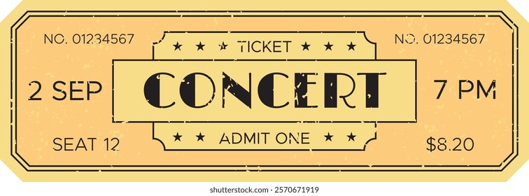 Close up of a vintage style concert ticket showing the date, time, seat number, price, and the word CONCERT in a bold, distressed font, evoking nostalgia for live music events