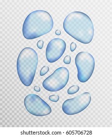 Close up water drops. Translucent / transparent blue tone liquid / rain blobs. Isolated mesh design element. Vector illustration.