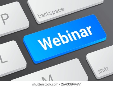 Close Up Webinar Button on Laptop or Computer Keyboard for Online Seminar, Virtual Meeting, Presentation, Learning, and 3D Technology Interface Illustration