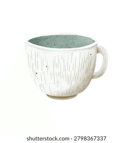 Close up of a white ceramic cup featuring a blue interior and curved handle