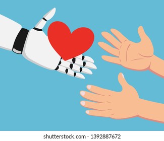 Close up of white robotic artificial intelligence hand holding red heart and hands of a man on green background.vector illustration.conceptual design