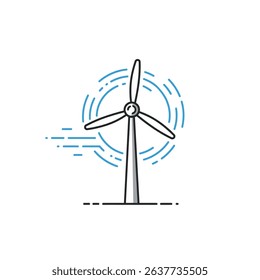 Close Up of Wind Turbine with Blue Line Illustrating Clean Energy Flow