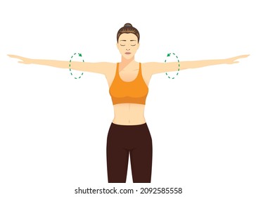 Acercar a la mujer haciendo ejercicio con la postura del círculo de brazo para calentarse. Los brazos de rotación ayudan a prevenir las lesiones y preparan el cuerpo para el entrenamiento de la fuerza.