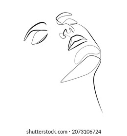 Close up woman face with closed eyes line art on white isolated background. Vector illustration