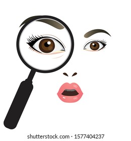 Close up woman face looking through magnifying glass.