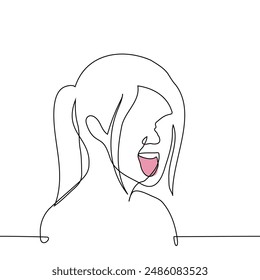 close up of woman face making face and sticking out tongue - one line art vector. concept make faces, negative emotions, disgust or cringe. Handmade vector not AI