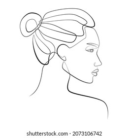 Close Up Woman Face Side View Line Art On White Isolated Background. Vector Illustration