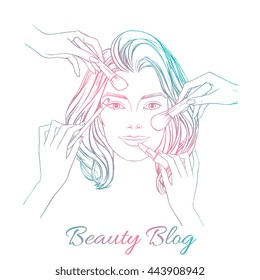 Close up woman hand drawn portrait with many hands with cosmetics brush apply make-up. Vector illustration, sketch, concept for your design. Makeup workshop, beauty salon, blog poster concept.