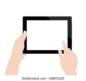 close up woman hand using digital tablet technology blank screen display on white background vector design