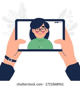 Close up of woman having video call on tablet pc vector illustration