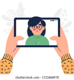 Close up of woman having video call on tablet pc vector illustration